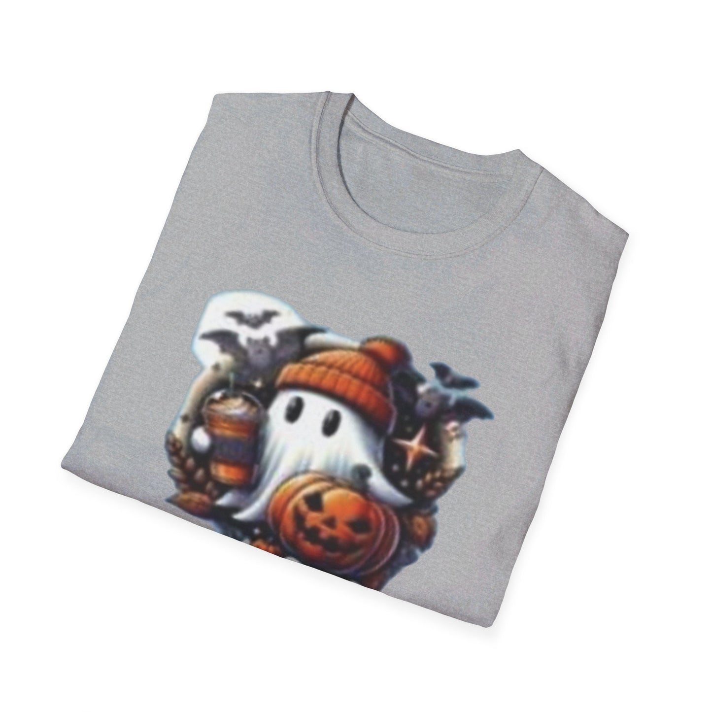 Halloween Ghost Pumpkin Bat Print Tee, Casual Short Sleeve Crew Neck T-shirt | Unisex Softstyle T-Shirt