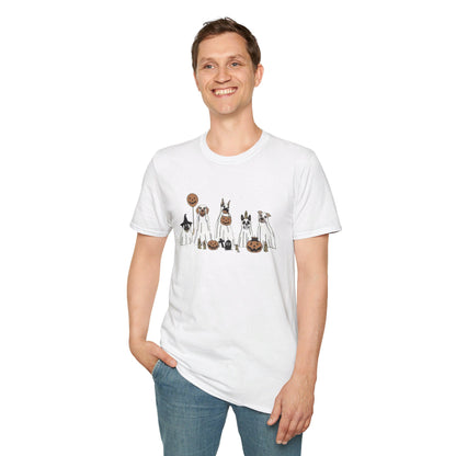 Halloween Dog Ghost Print Tee, Casual Short Sleeve Crew Neck T-shirt | Unisex Softstyle T-Shirt