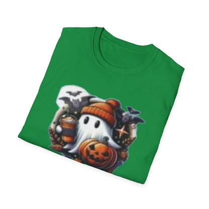 Halloween Ghost Pumpkin Bat Print Tee, Casual Short Sleeve Crew Neck T-shirt | Unisex Softstyle T-Shirt