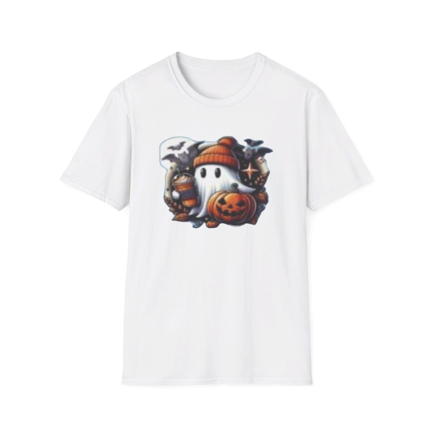 Halloween Ghost Pumpkin Bat Print Tee, Casual Short Sleeve Crew Neck T-shirt | Unisex Softstyle T-Shirt