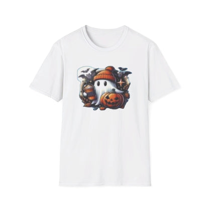 Halloween Ghost Pumpkin Bat Print Tee, Casual Short Sleeve Crew Neck T-shirt | Unisex Softstyle T-Shirt