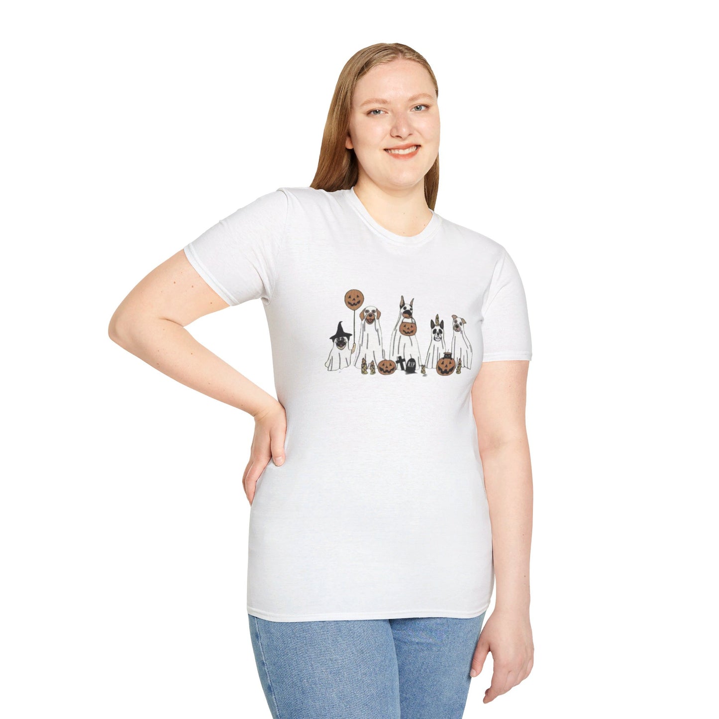 Halloween Dog Ghost Print Tee, Casual Short Sleeve Crew Neck T-shirt | Unisex Softstyle T-Shirt