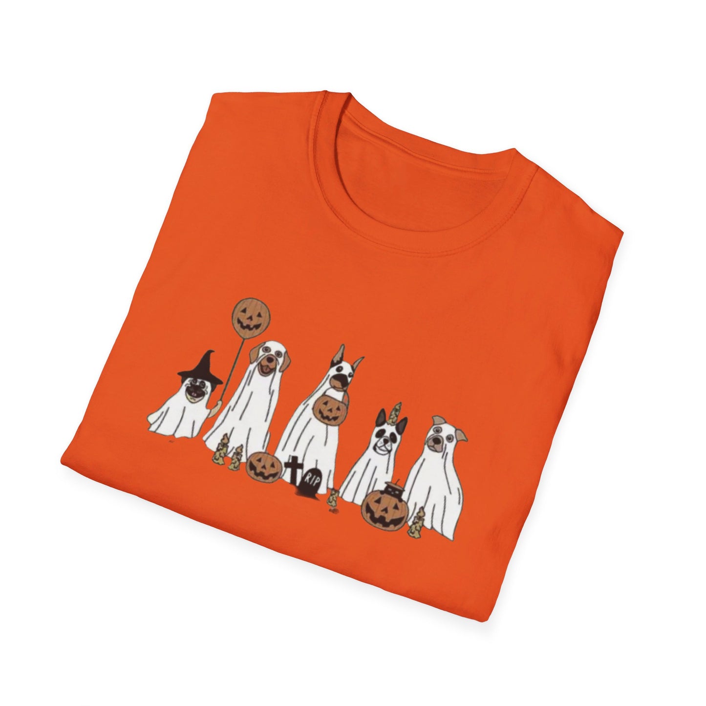 Halloween Dog Ghost Print Tee, Casual Short Sleeve Crew Neck T-shirt | Unisex Softstyle T-Shirt