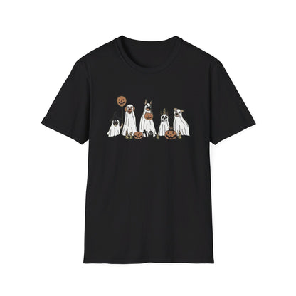 Halloween Dog Ghost Print Tee, Casual Short Sleeve Crew Neck T-shirt | Unisex Softstyle T-Shirt