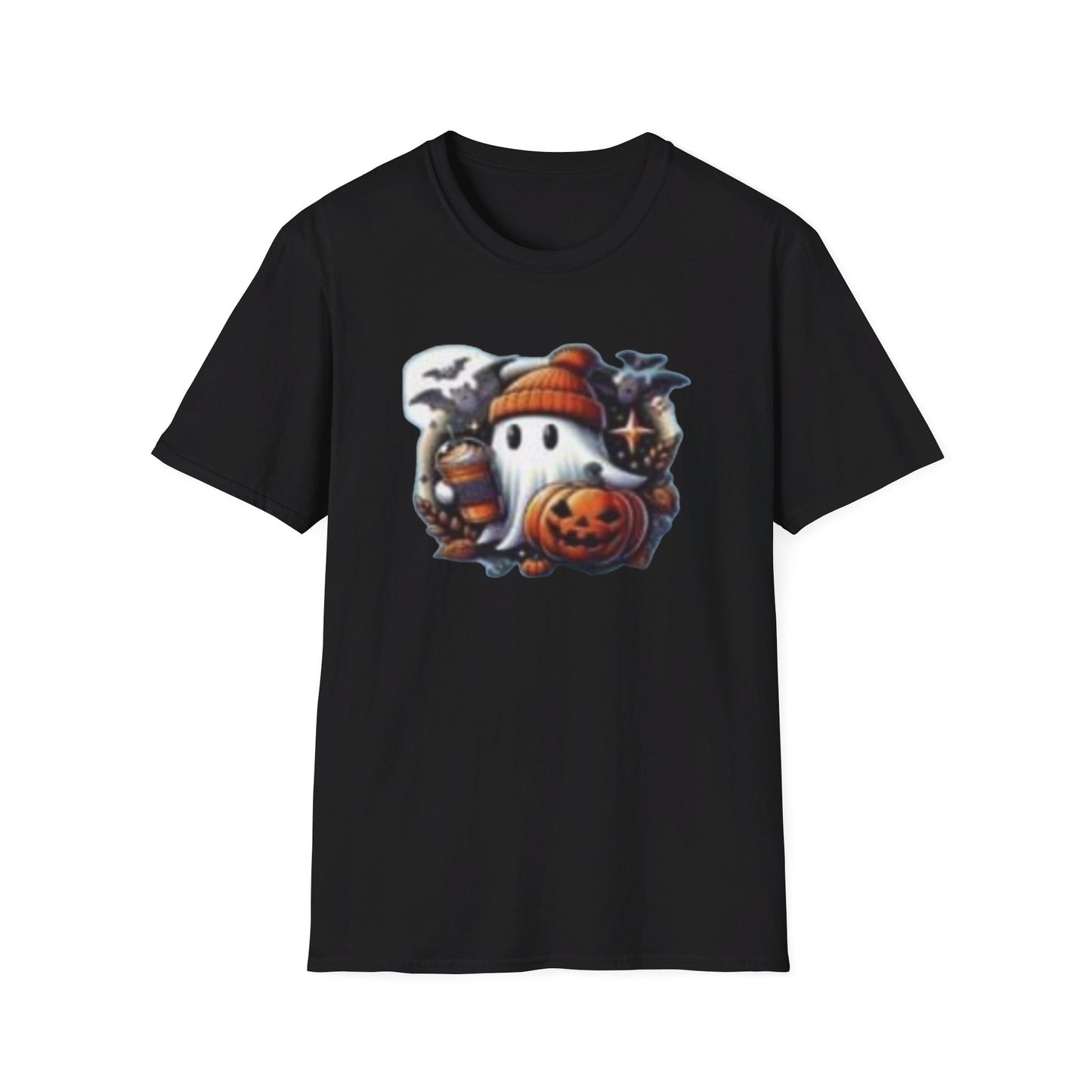 Halloween Ghost Pumpkin Bat Print Tee, Casual Short Sleeve Crew Neck T-shirt | Unisex Softstyle T-Shirt