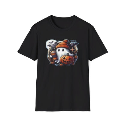 Halloween Ghost Pumpkin Bat Print Tee, Casual Short Sleeve Crew Neck T-shirt | Unisex Softstyle T-Shirt