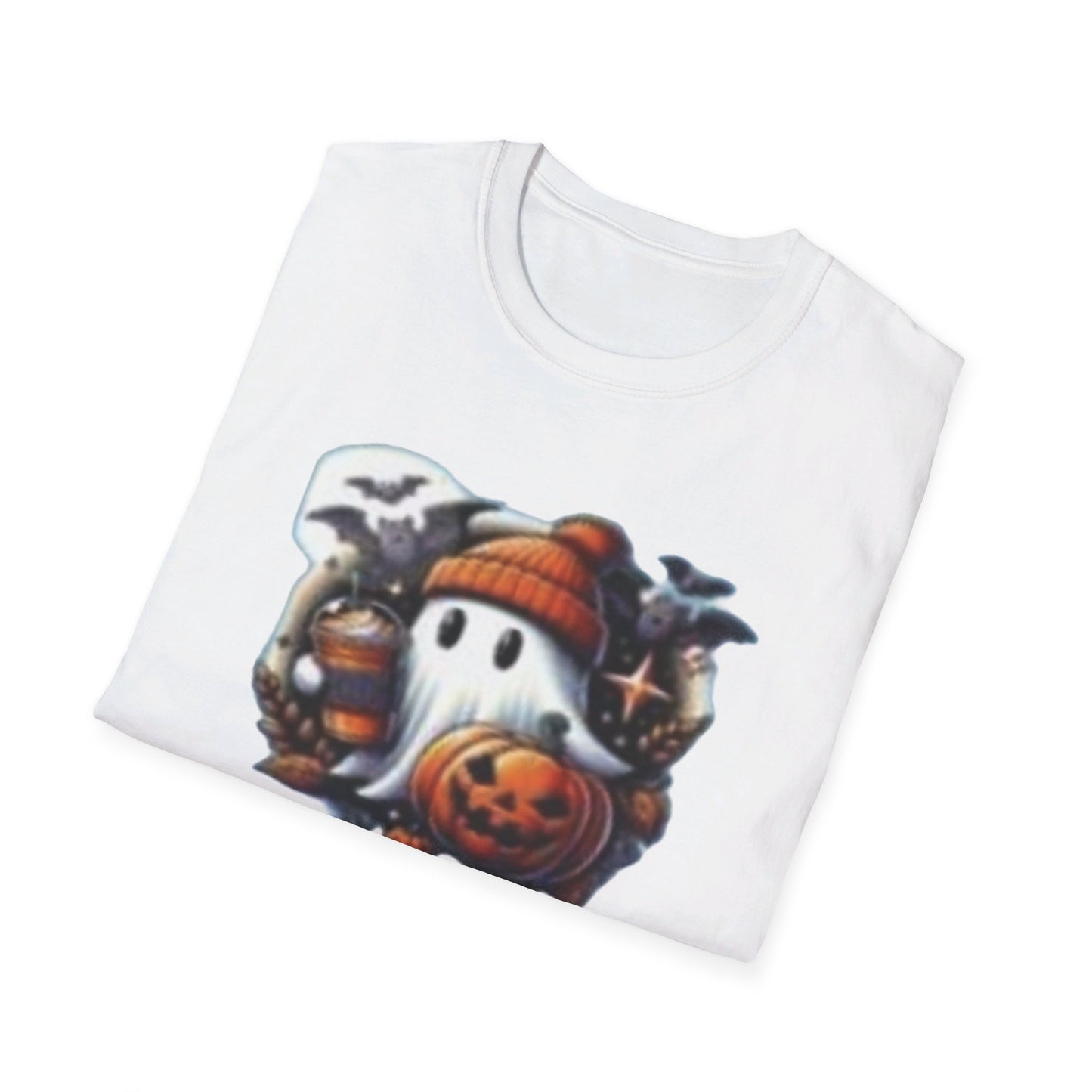 Halloween Ghost Pumpkin Bat Print Tee, Casual Short Sleeve Crew Neck T-shirt | Unisex Softstyle T-Shirt