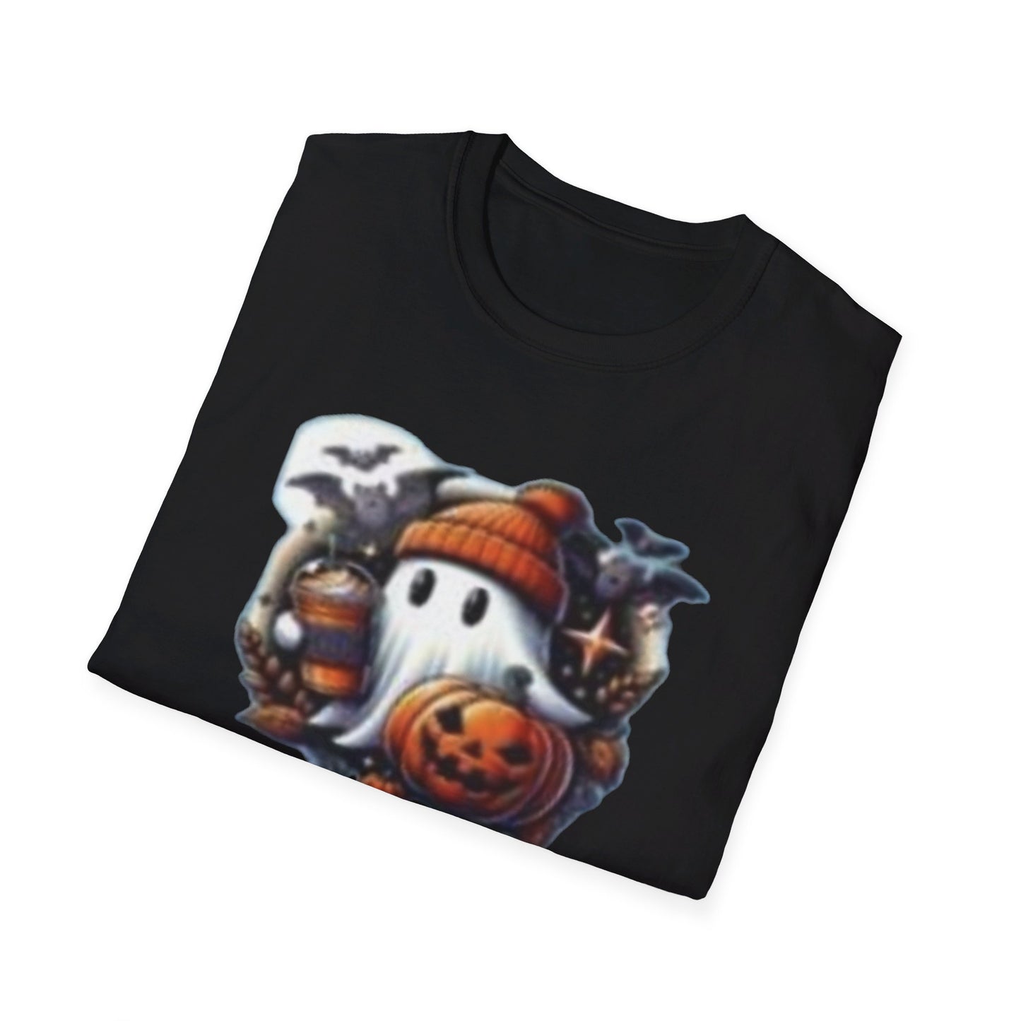 Halloween Ghost Pumpkin Bat Print Tee, Casual Short Sleeve Crew Neck T-shirt | Unisex Softstyle T-Shirt