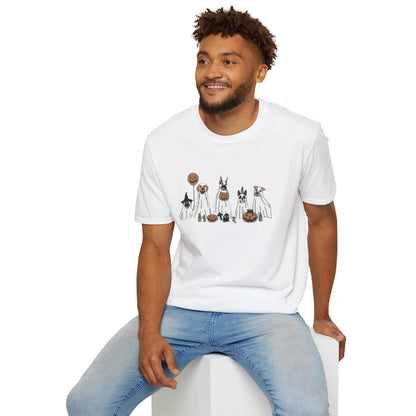 Halloween Dog Ghost Print Tee, Casual Short Sleeve Crew Neck T-shirt | Unisex Softstyle T-Shirt