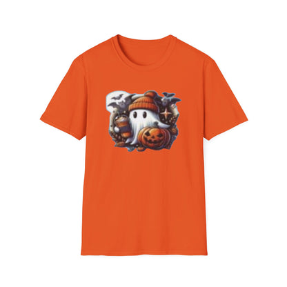 Halloween Ghost Pumpkin Bat Print Tee, Casual Short Sleeve Crew Neck T-shirt | Unisex Softstyle T-Shirt