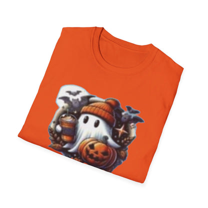 Halloween Ghost Pumpkin Bat Print Tee, Casual Short Sleeve Crew Neck T-shirt | Unisex Softstyle T-Shirt