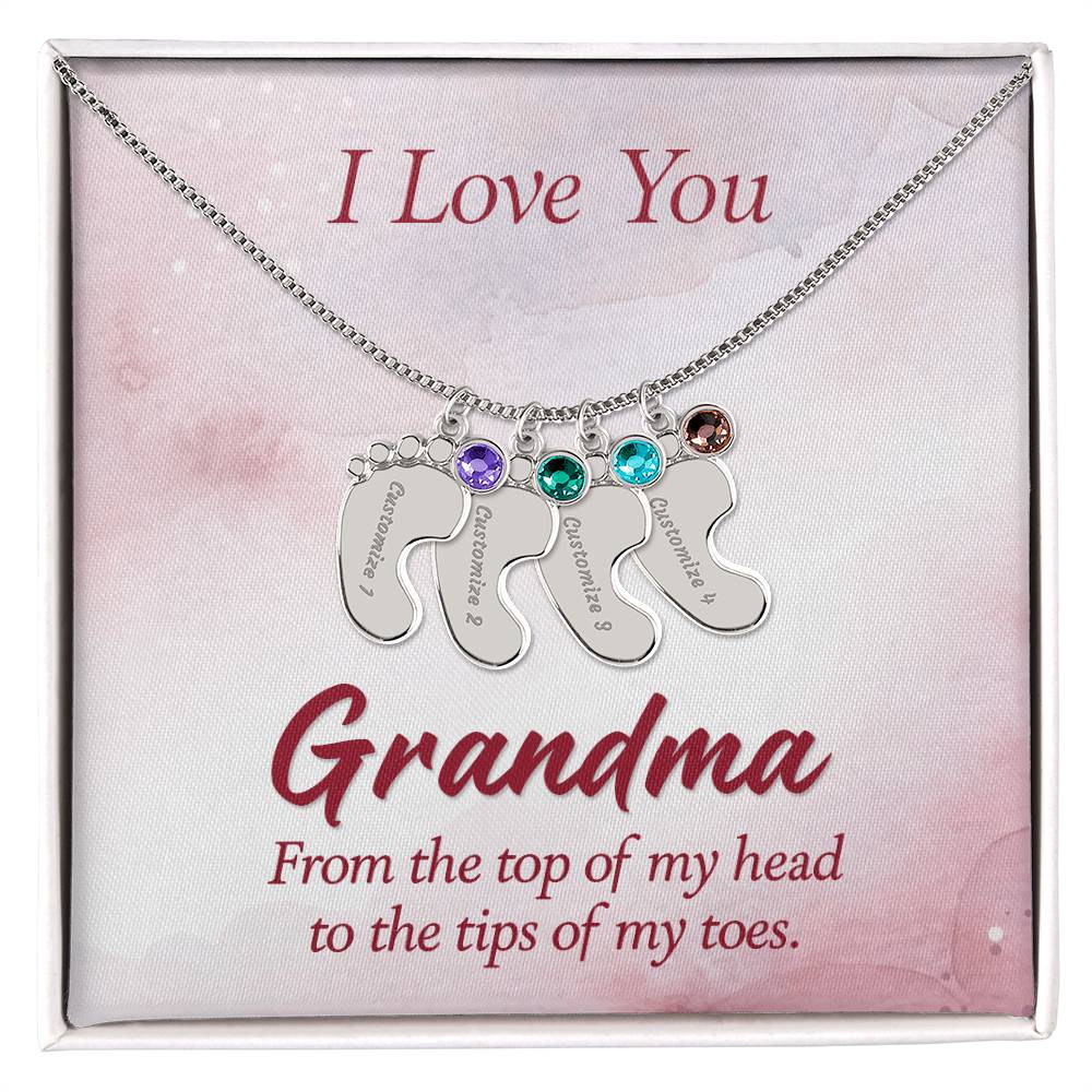 I Love you Grandma | Engraved Baby Feet with Birthstones