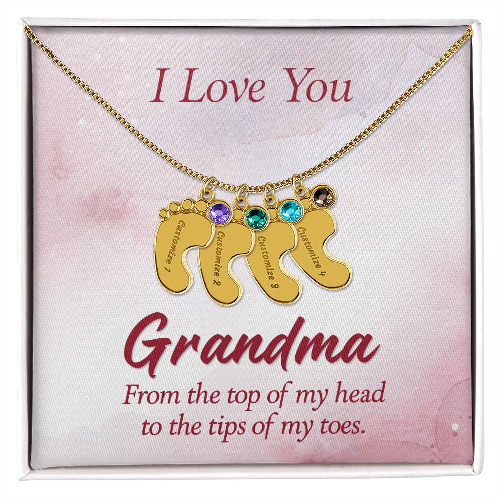 I Love you Grandma | Engraved Baby Feet with Birthstones