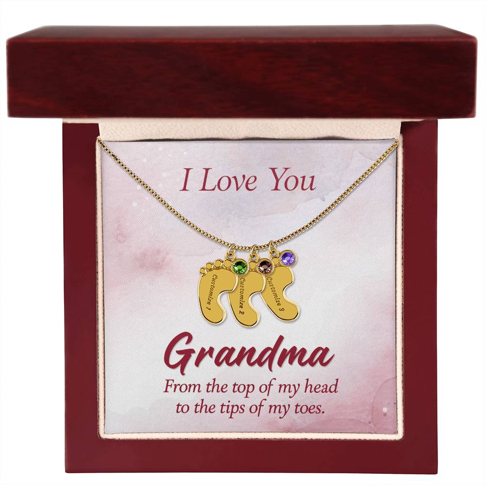 I Love you Grandma | Engraved Baby Feet with Birthstones