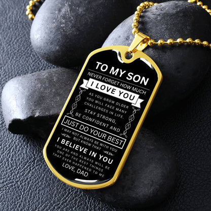 To My Son "Never Forget" Personalized Dog Tag  - Military Ball Chain