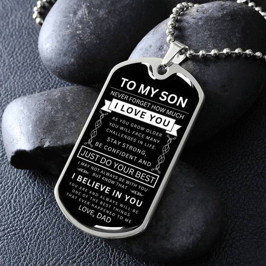 To My Son "Never Forget" Personalized Dog Tag  - Military Ball Chain