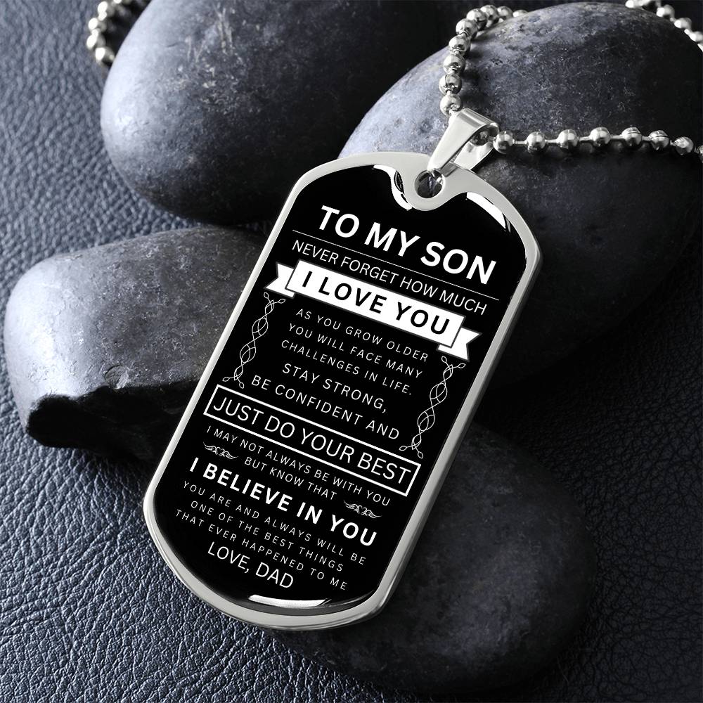 To My Son "Never Forget" Personalized Dog Tag  - Military Ball Chain